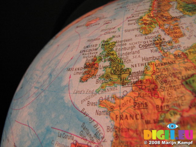 SX00066 Close up of lit-up globe Ireland and UK